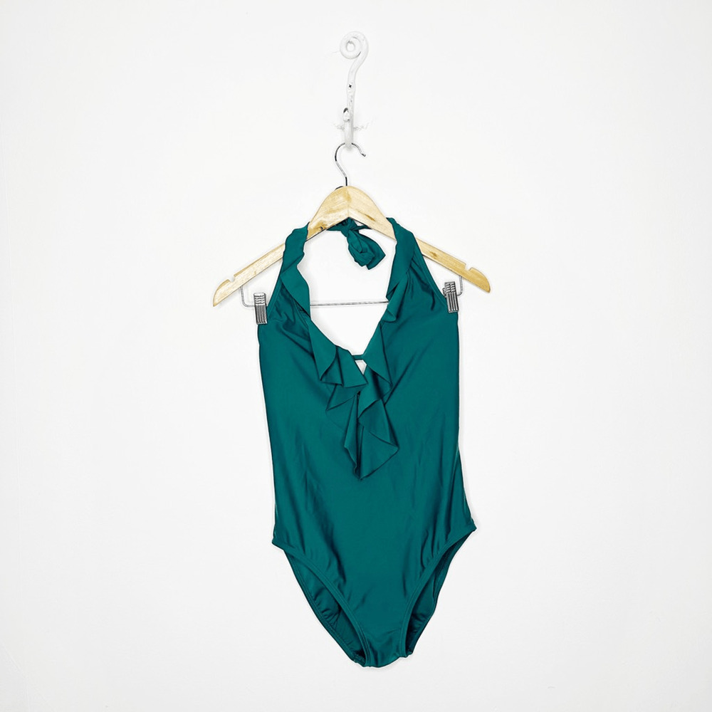 Bleu Rod Beattie Plunge One Piece Swimsuit RUFFLE TEAL womens 6